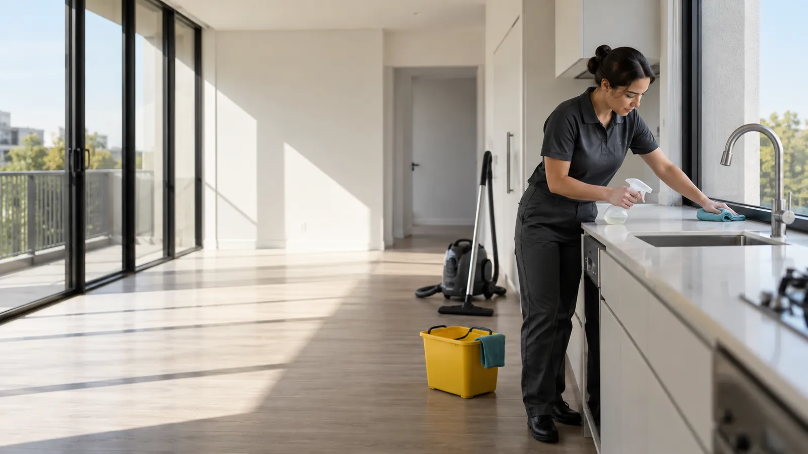 Professional cleaners detailing an empty Melbourne apartment for handover